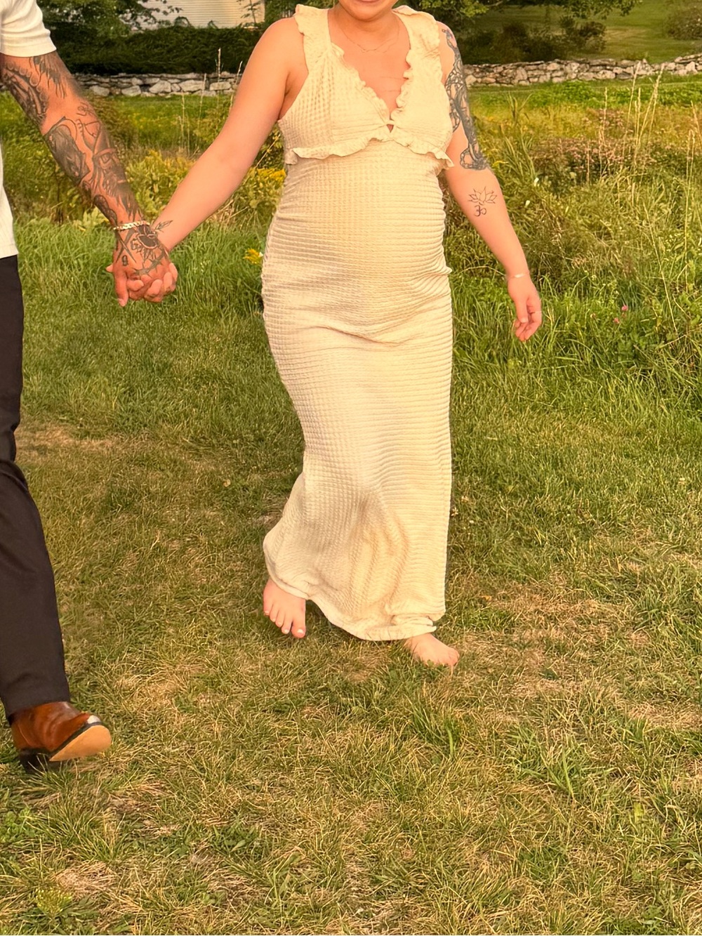 Cream Ruffle Sleeve V-Neck Maternity Maxi Dress